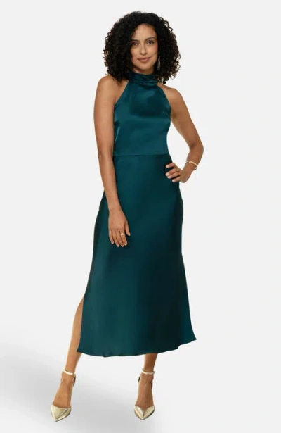 Yumi Satin Halter Neck Midi Dress In Green