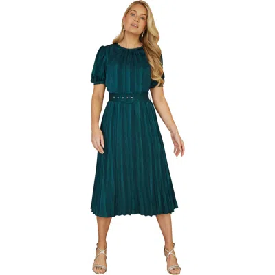 Yumi Satin Pleated Stripe Midi Dress In Green