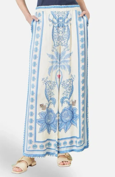Yumi Satin Print Placement Relaxed Trousers In Blue