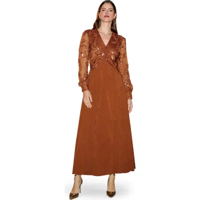 Yumi Sequin Bodice Maxi Dress In Brown