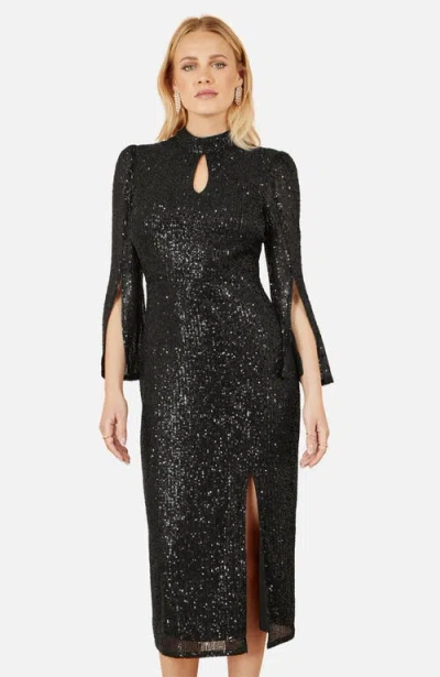 Yumi Sequin Fitted Midi Dress In Black