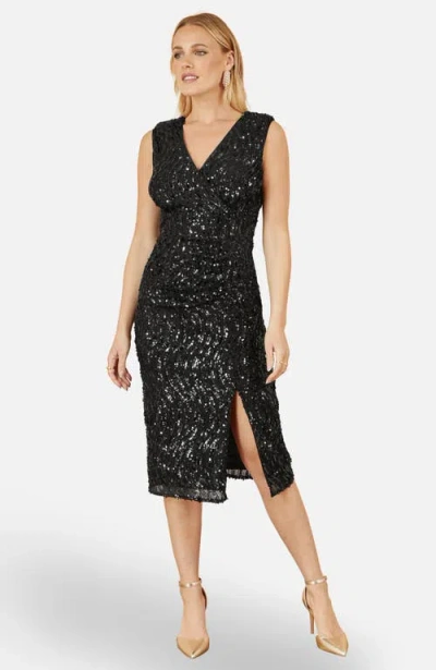 Yumi Sequin Fitted Wrap Dress With Split Hem In Black
