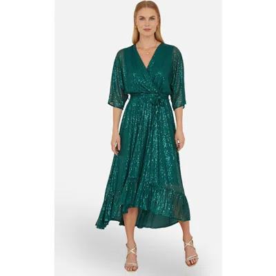 Yumi Sequin Kimono Midi Wrap Dress In Green