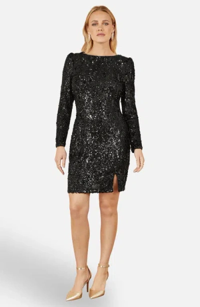 Yumi Sequin Long Sleeve Fitted Dress In Black