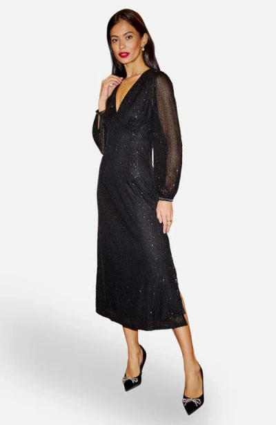 Yumi Sequin Long Sleeve Midi Dress In Black