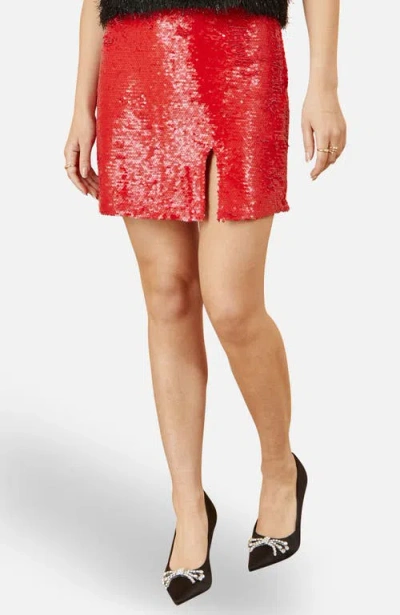 Yumi Sequin Mid Waist Mini Skirt In Red
