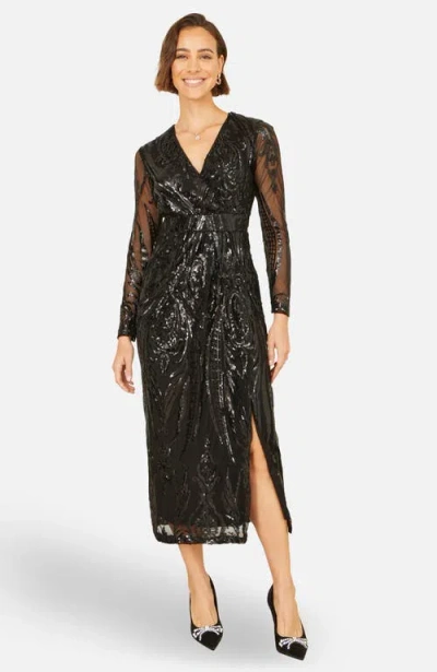 Yumi Sequin Midi Long Sleeve Wrap Dress In Black