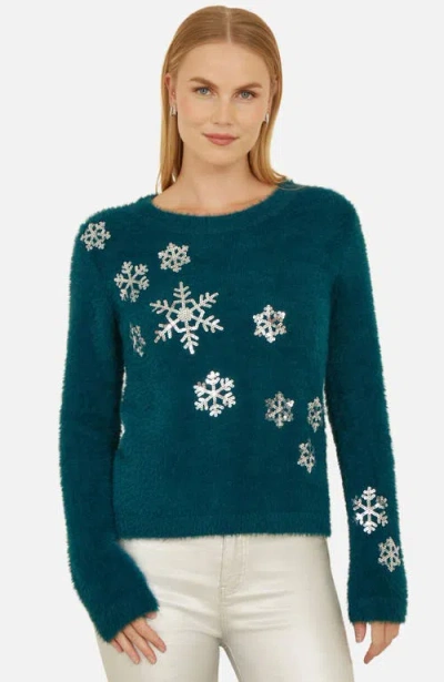 Yumi Sequin Snowflake Fluffy Sweater In Blue