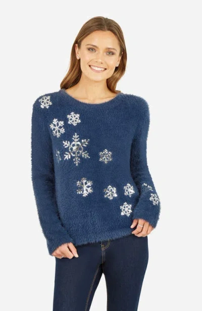 Yumi Sequin Snowflake Fluffy Sweater In Blue