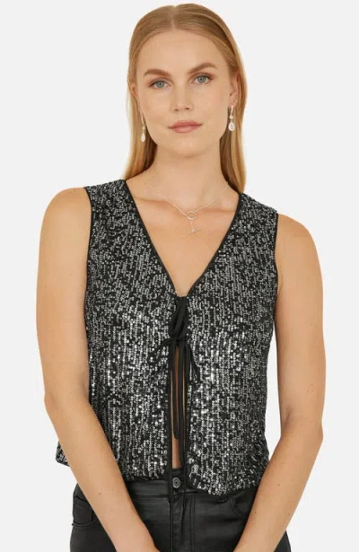 Yumi Sequin Tie Front Waistcoat Top In Black
