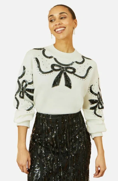 Yumi Sequinned Bow Neckline Sweater In White