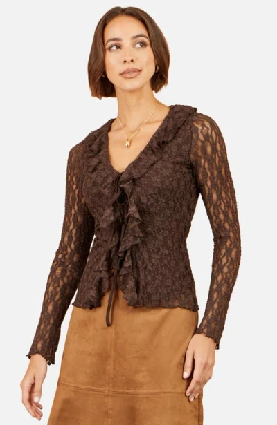 Yumi Sheer Long Sleeve Ruffle Lace Top In Brown