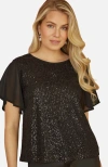 Yumi Sheer Short Sleeve Sequin Top In Black
