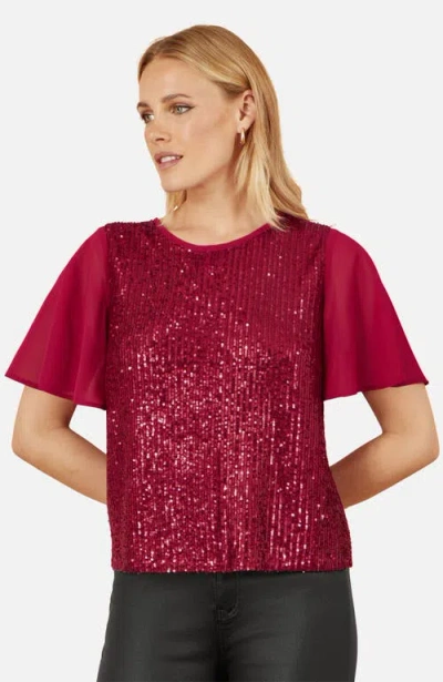 Yumi Sheer Short Sleeve Sequin Top In Burgundy