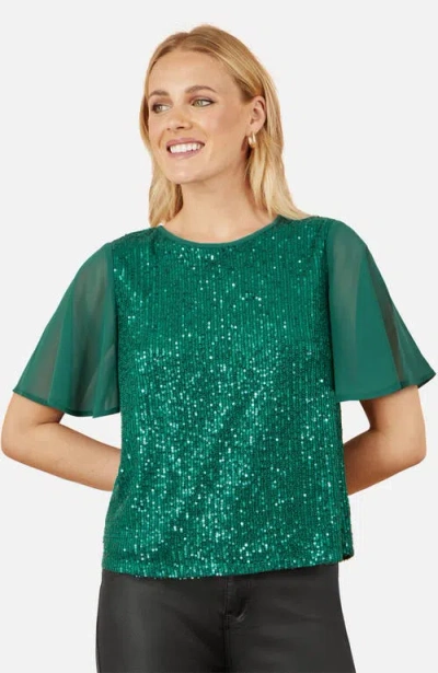 Yumi Sheer Short Sleeve Sequin Top In Green