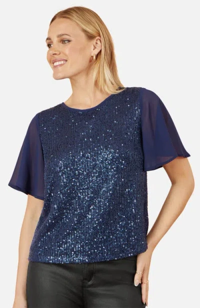 Yumi Sheer Short Sleeve Sequin Top In Navy