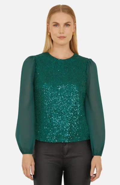 Yumi Sheer Sleeve Sequin Top In Green