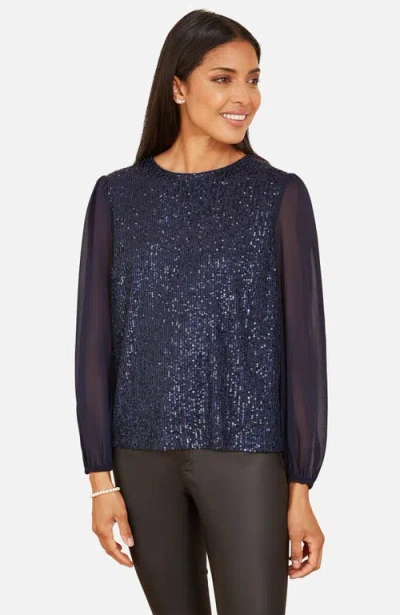 Yumi Sheer Sleeve Sequin Top In Navy