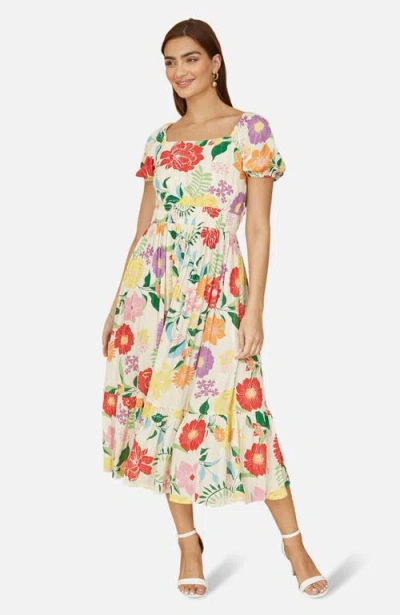 Yumi Short Sleeve Square Neck Midi Dress In Multi