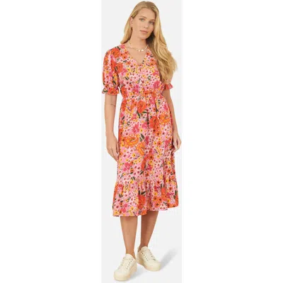Yumi Short Sleeve V-neck Printed Midi Dress In Multi