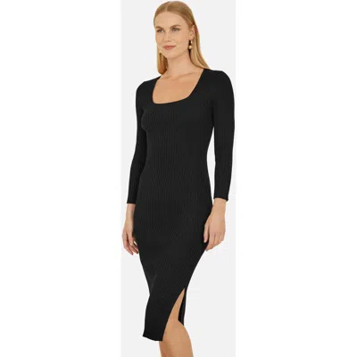 Yumi Side Split Fitted Knit Midi Dress In Black