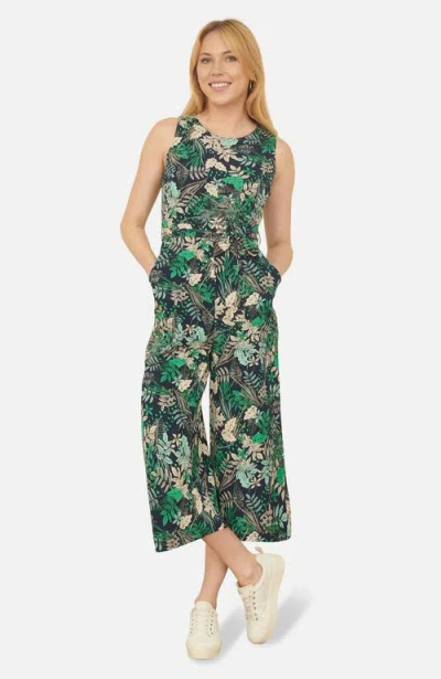 Yumi Sleeveless Leaf Print Culotte Jumpsuit In Green