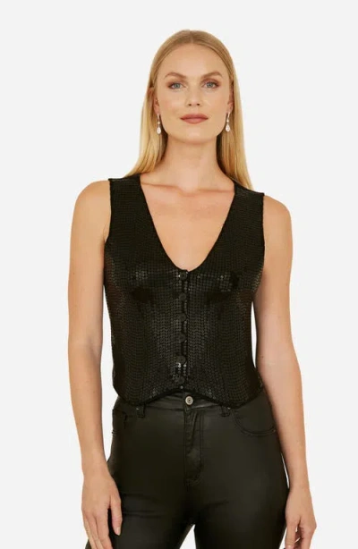 Yumi Sleeveless V-neck Sequin Waistcoat Top In Black
