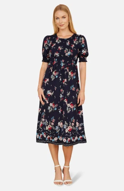 Yumi Smocked Bodice Floral Ruched Midi Dress In Blue