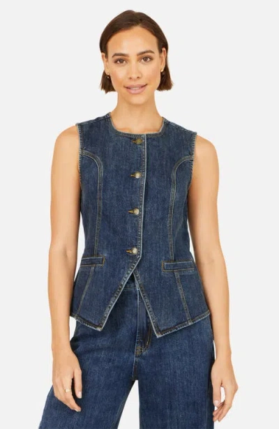 Yumi Stretch Long Denim Waistcoat In Black