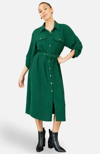 Yumi Stretch Midi Shirt Dress In Green