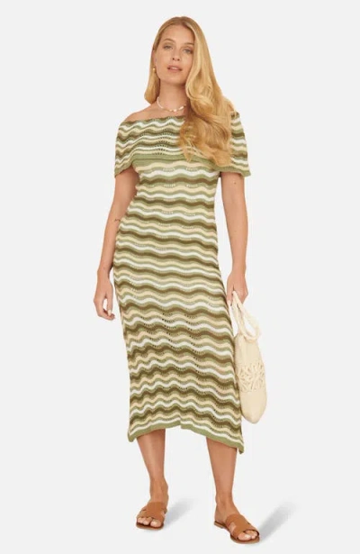 Yumi Stripe Crochet Knit Bardot Midi Dress In Green