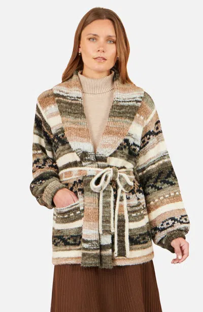 Yumi Stripe Fairisle Soft Wrap Cardigan In Green