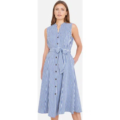 Yumi Stripe Midi Sleeveless Shirt Dress In Blue