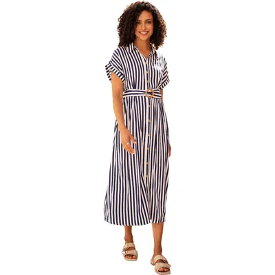 Yumi Stripe Print Belted Midi Shirt Dress In Blue
