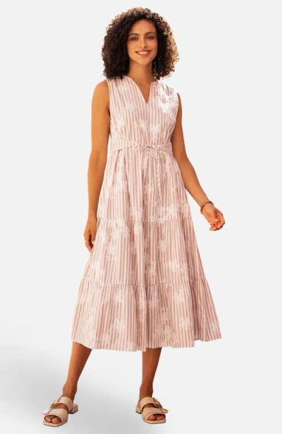 Yumi Stripe With Flower Cotton Dress In Brown