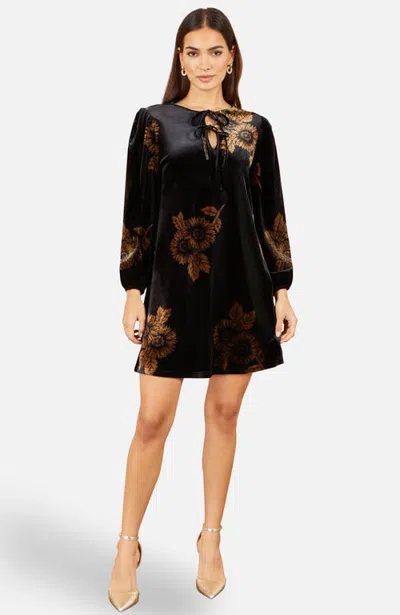 Yumi Sunflower Long Sleeve Tunic Mini Dress In Black