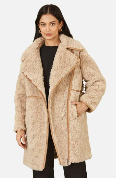 Yumi Textured Borg Long Line Biker Coat In Brown