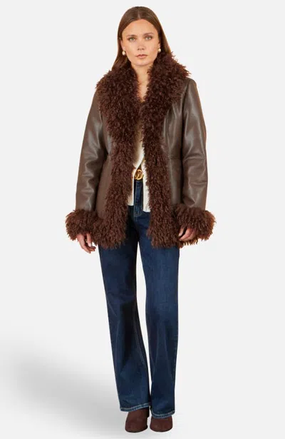 Yumi Textured Collard Trim Faux Leather Coat In Brown