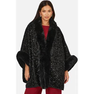 Yumi Textured Faux Fur Lined Cape In Black
