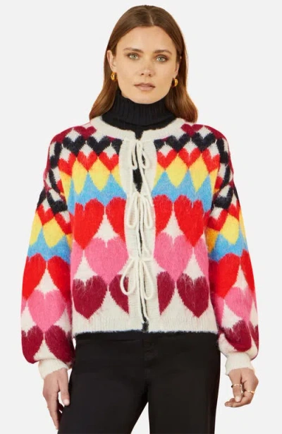 Yumi Tie Front Heart Intarsia Cardigan In Multi