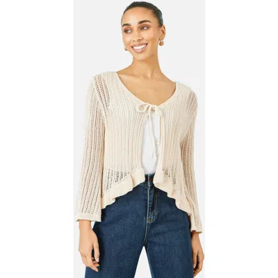 Yumi Tie Front Pointelle Cardigan In Beige