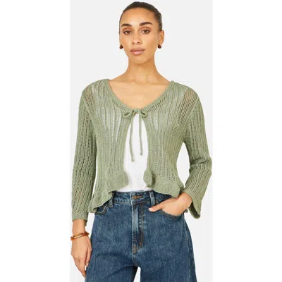 Yumi Tie Front Pointelle Cardigan In Green