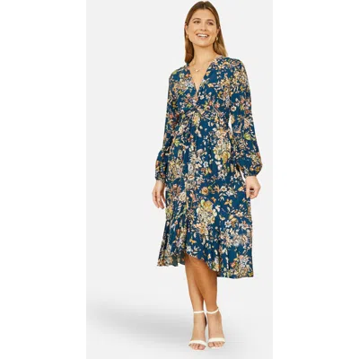 Yumi Tie Knot Front Long Sleeve Midi Dress In Multi