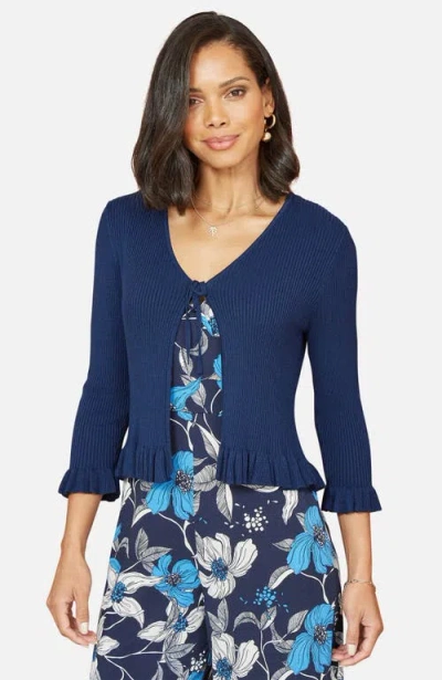 Yumi Tie Up Ribbed Frill Hem Cardigan In Blue