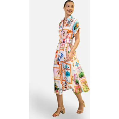 Yumi Tropical Postcard Print Midi Shirt Dress In Multi