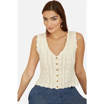 Yumi V Neck Button Down Crochet Knitted Top In White