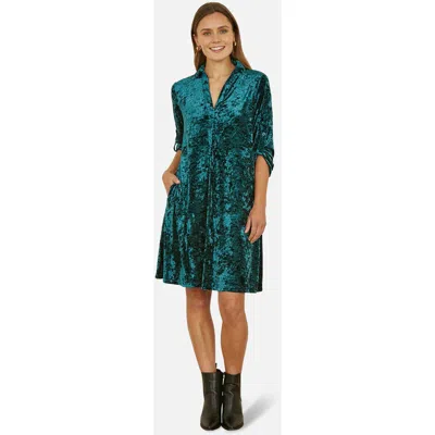 Yumi Velvet 3/4 Sleeve Collared Tunic Dress In Green
