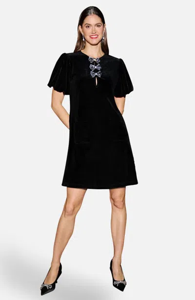 Yumi Velvet Embellished Bow Tunic Dress In Black