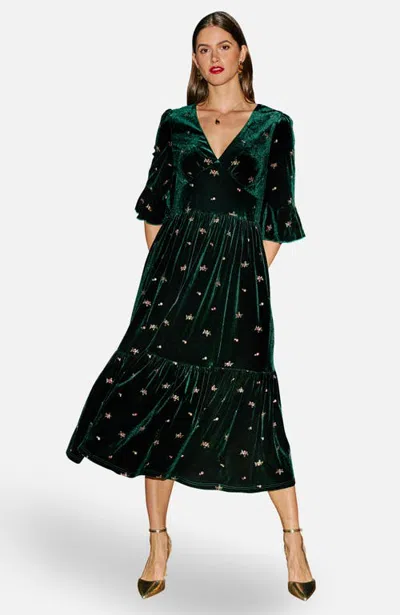Yumi Velvet Embroidered V-neck Midi Dress In Green