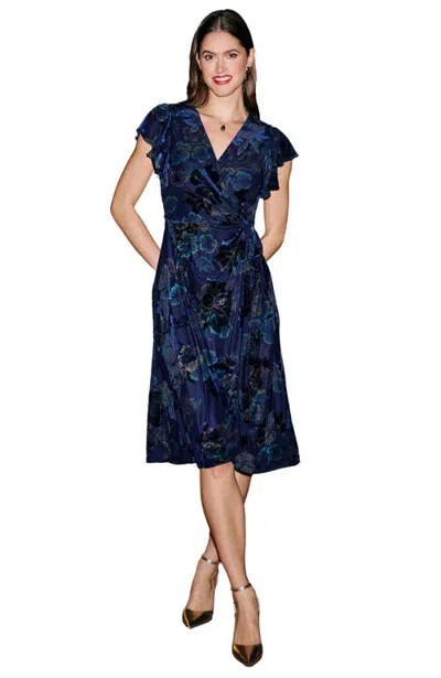 Yumi Velvet Floral Wrap Midi Dress In Blue